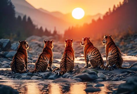 Five Tigers Watching the Sunset