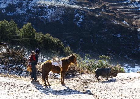 Residents under the snowy mountains