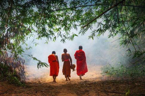 Three monks walking